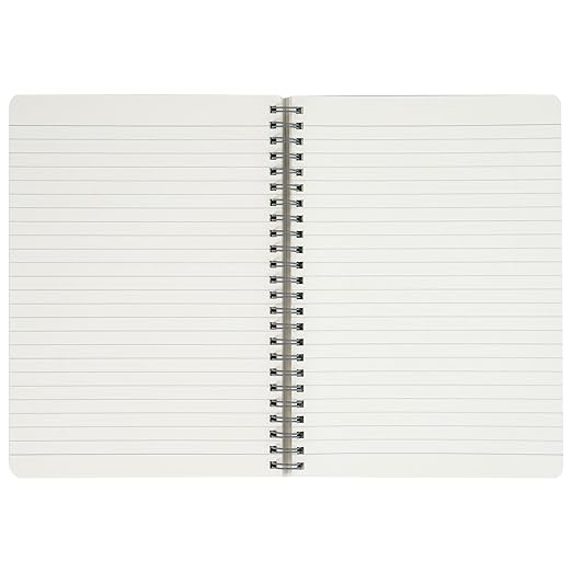 Open notebook with white pages and a metal spiral binding on a white background