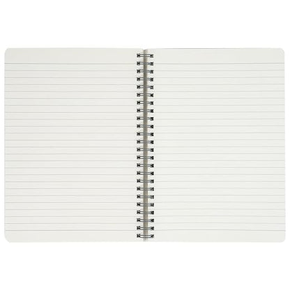 Open notebook with white pages and a metal spiral binding on a white background