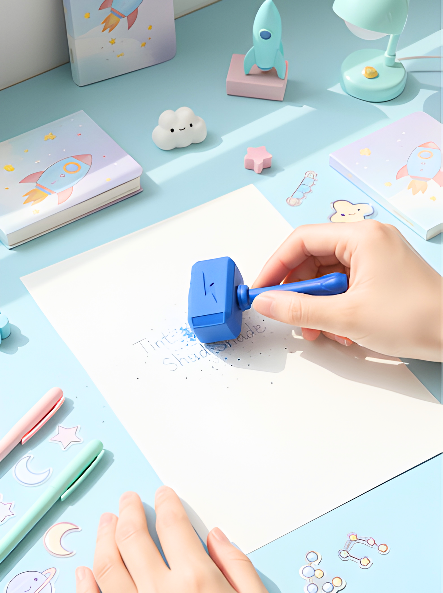 Hand using a blue stamp on paper with stationery items around
