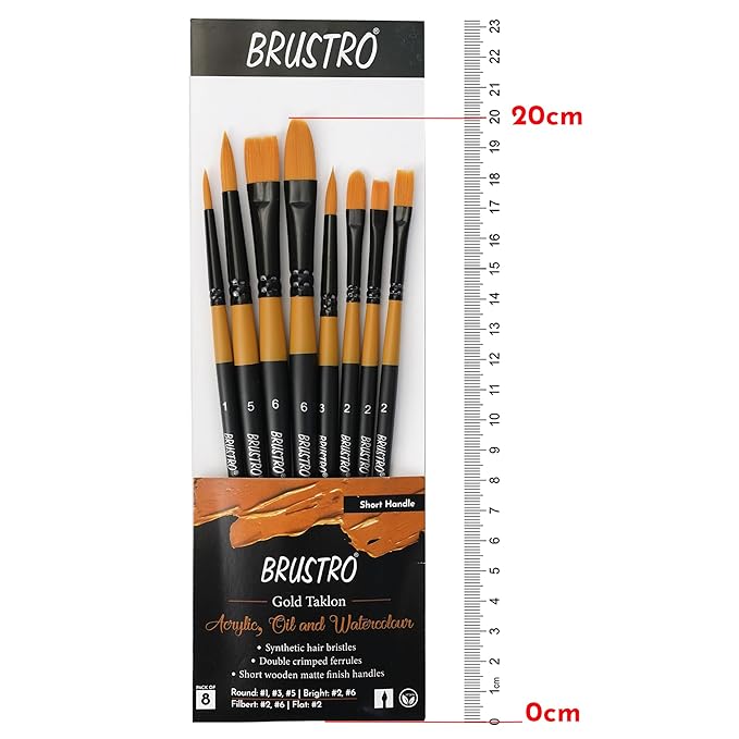 Pack of Brustro artist brushes with a ruler for scale on a white background