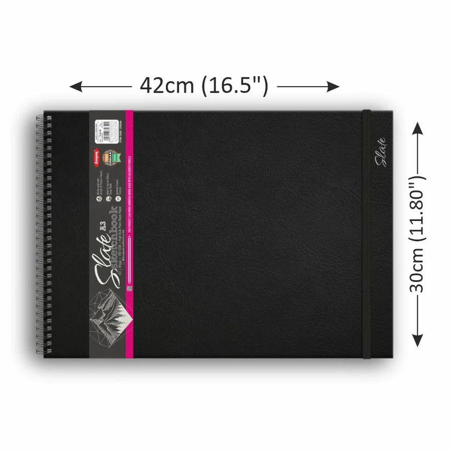 Black sketchbook with dimensions labeled on a white background