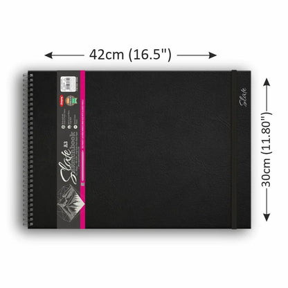 Black sketchbook with dimensions labeled on a white background
