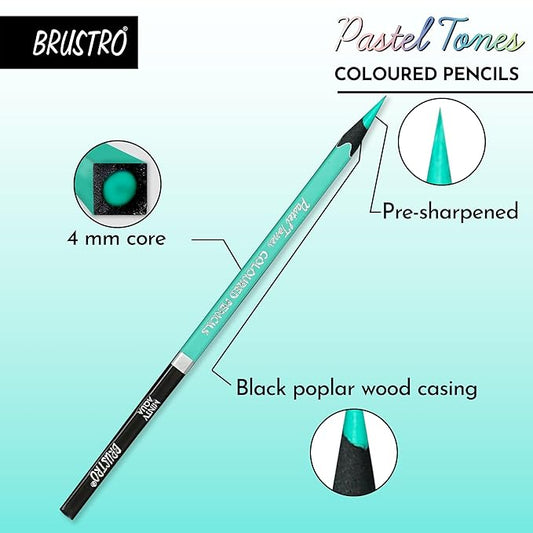 Brustro pastel tone colored pencil with features highlighted on a light blue background