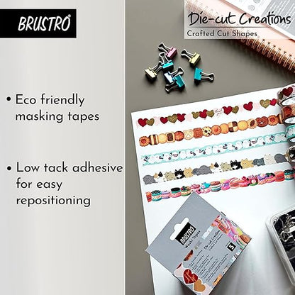 BRUSTRO die-cut creations with eco-friendly masking tapes and low tack adhesive on a gray surface.