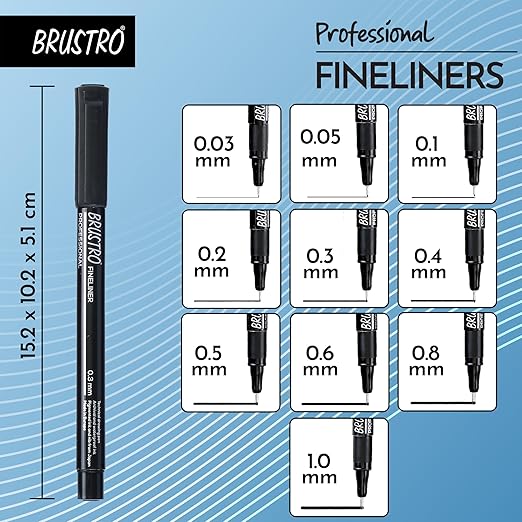 BRUSTRO fineliners with various line widths on a blue background