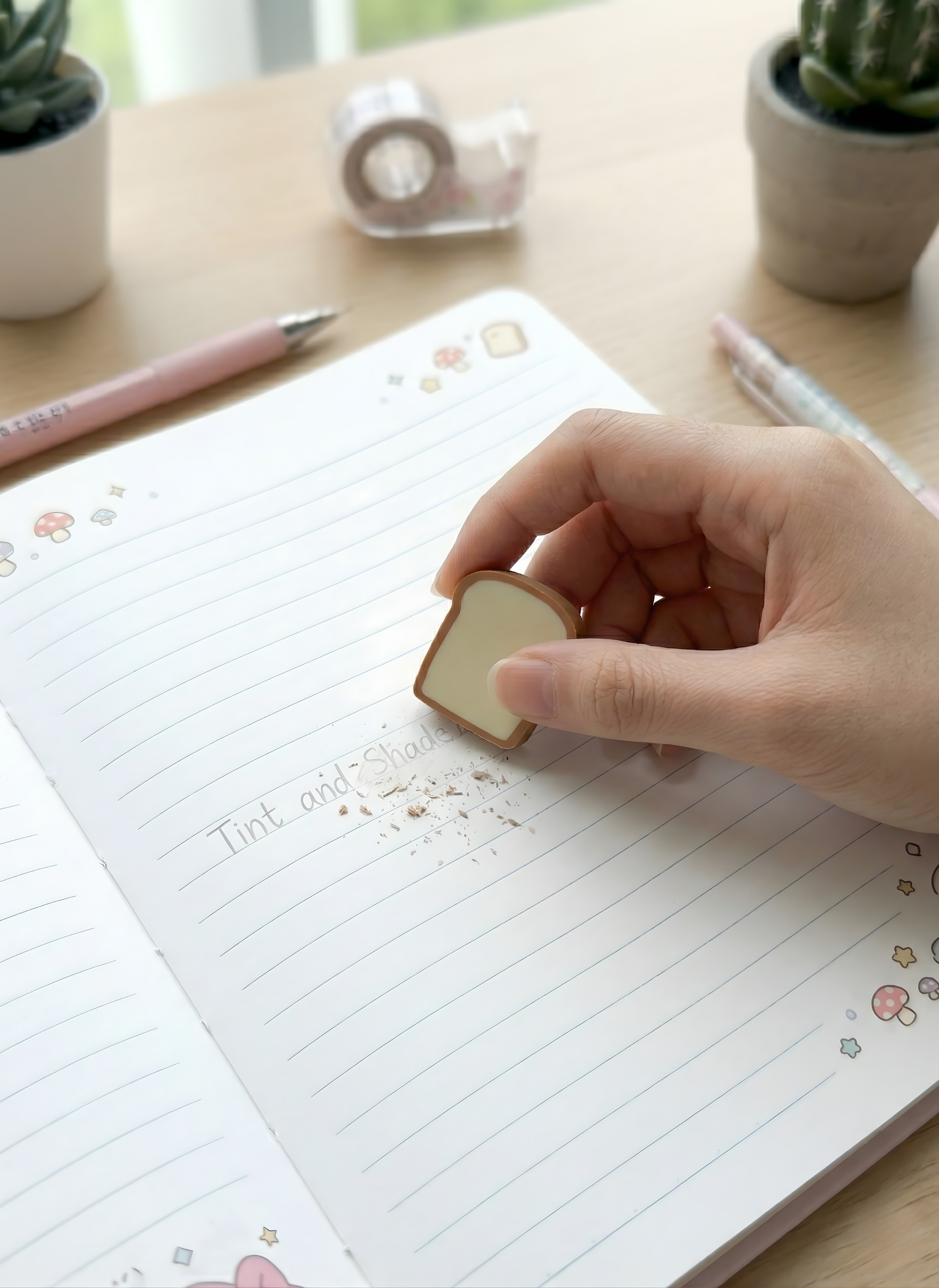 Hand holding a small wooden block over a notebook with stationery items on a desk.