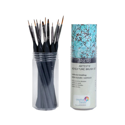 Set of miniature paint brushes in a clear container with a Bristro branded tube on a white background