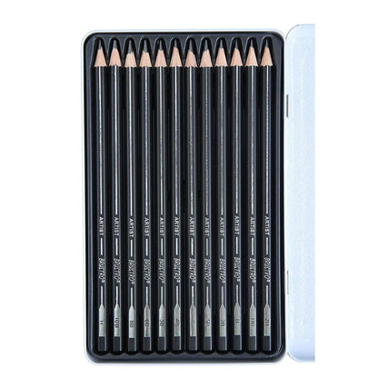 Set of artist pencils in a metal tin on a white background