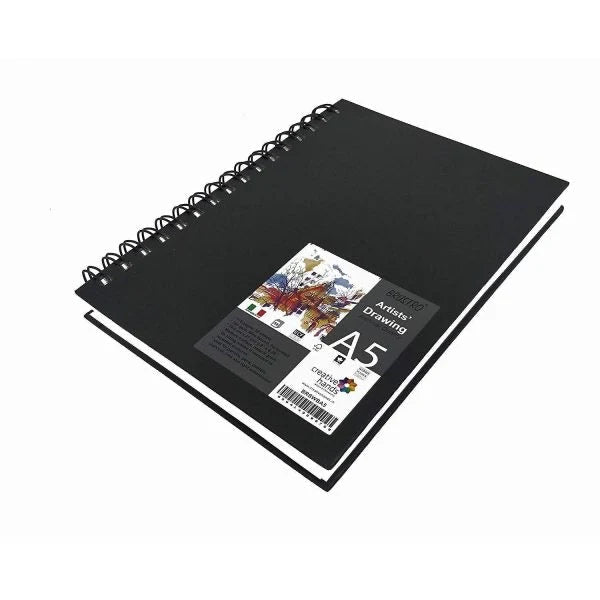 Black artist's drawing pad with a label on a white background