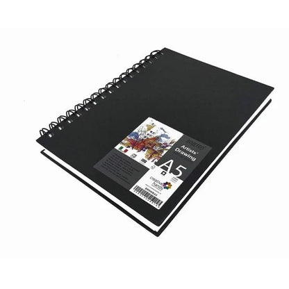 Black artist's drawing pad with a label on a white background