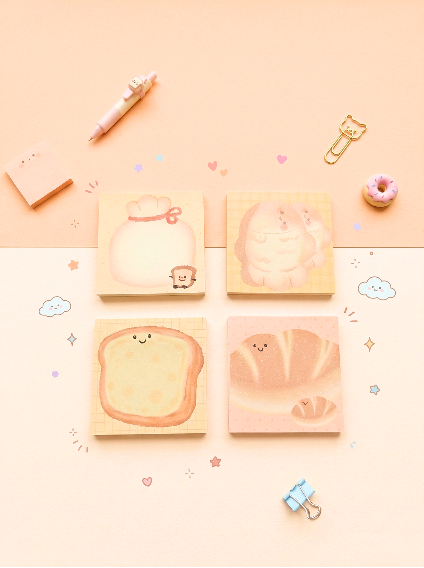 Four cute notepads with animal illustrations on a pink background with decorative elements.