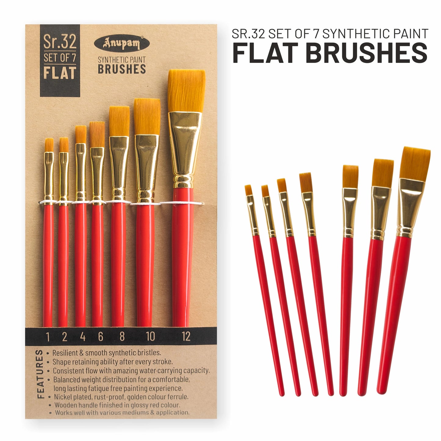 Set of 7 synthetic paint flat brushes with packaging on a white background