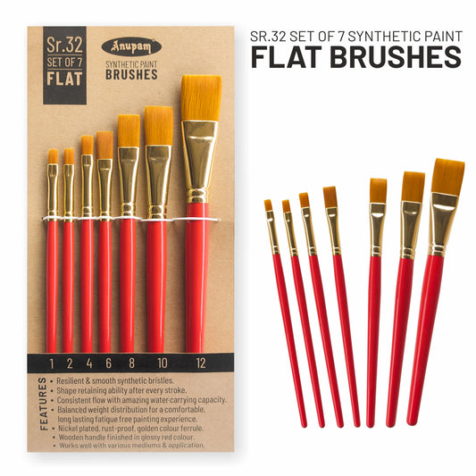 Set of 7 synthetic paint flat brushes with packaging on a white background