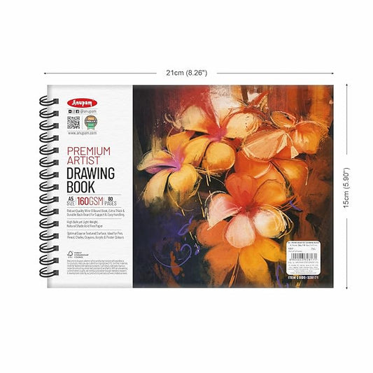 Artistic drawing book with floral design on cover and dimensions displayed