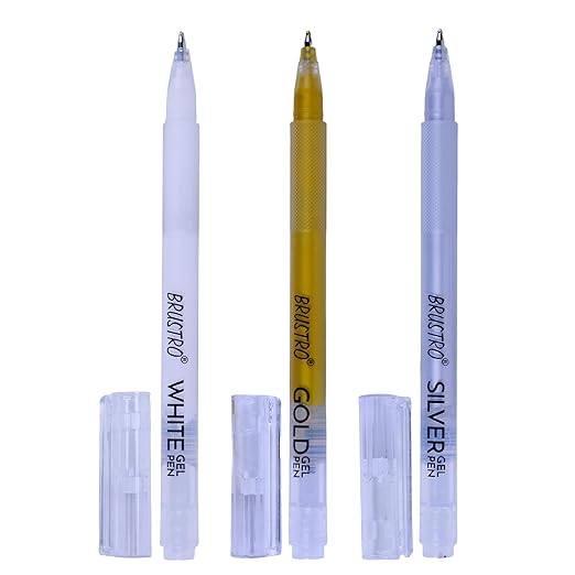 Three pens labeled 'White', 'Gold', and 'Silver' by Brustro on a white background.