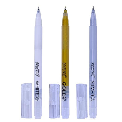 Three pens labeled 'White', 'Gold', and 'Silver' by Brustro on a white background.