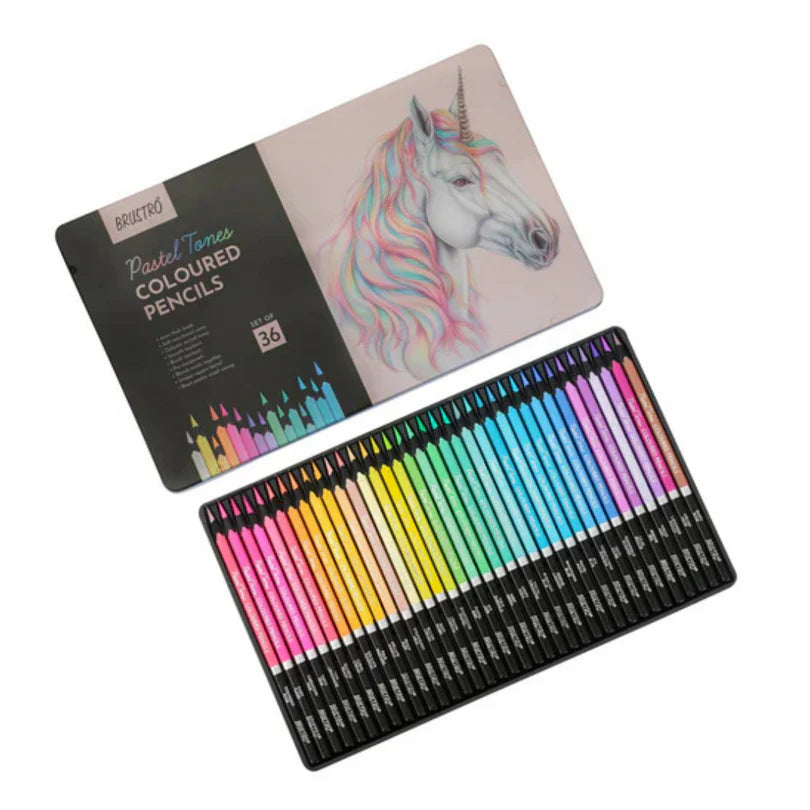 Set of colored pencils with a tin featuring a unicorn illustration on a white background