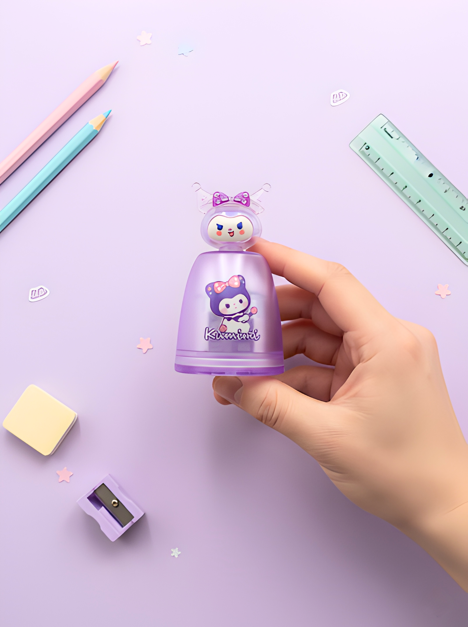 Hand holding a purple cartoon character bottle with stationery items on a light purple background