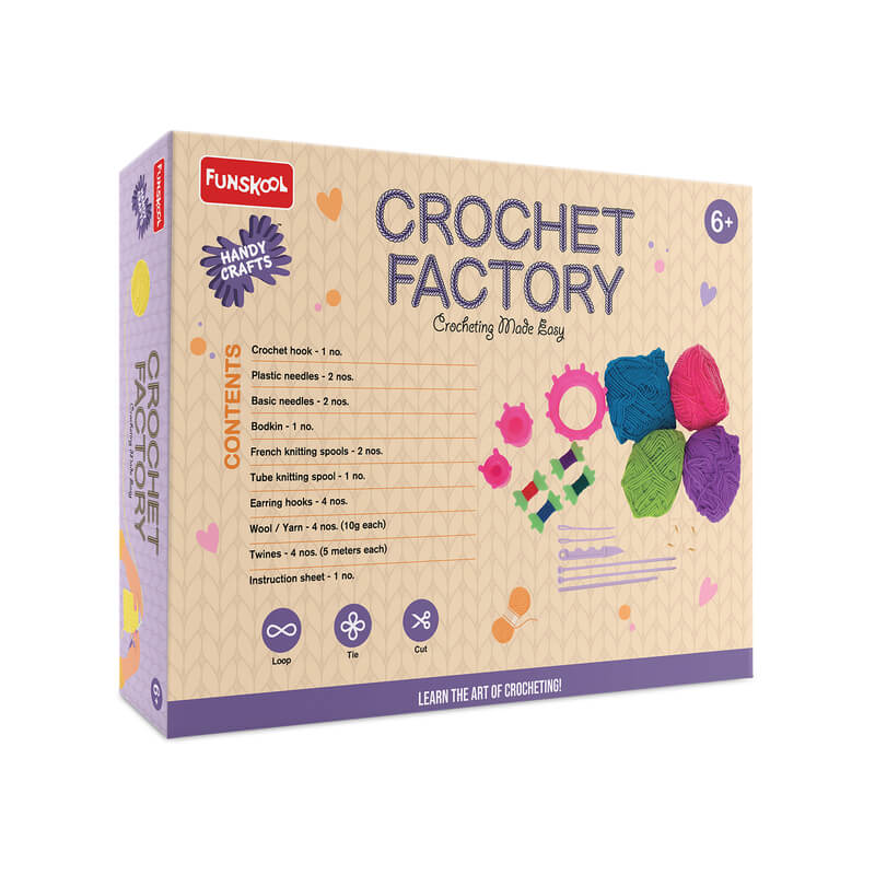 Crochet Factory craft kit packaging with colorful yarn samples on a white background