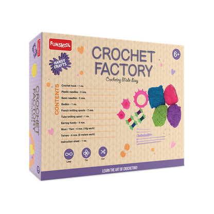 Crochet Factory craft kit packaging with colorful yarn samples on a white background