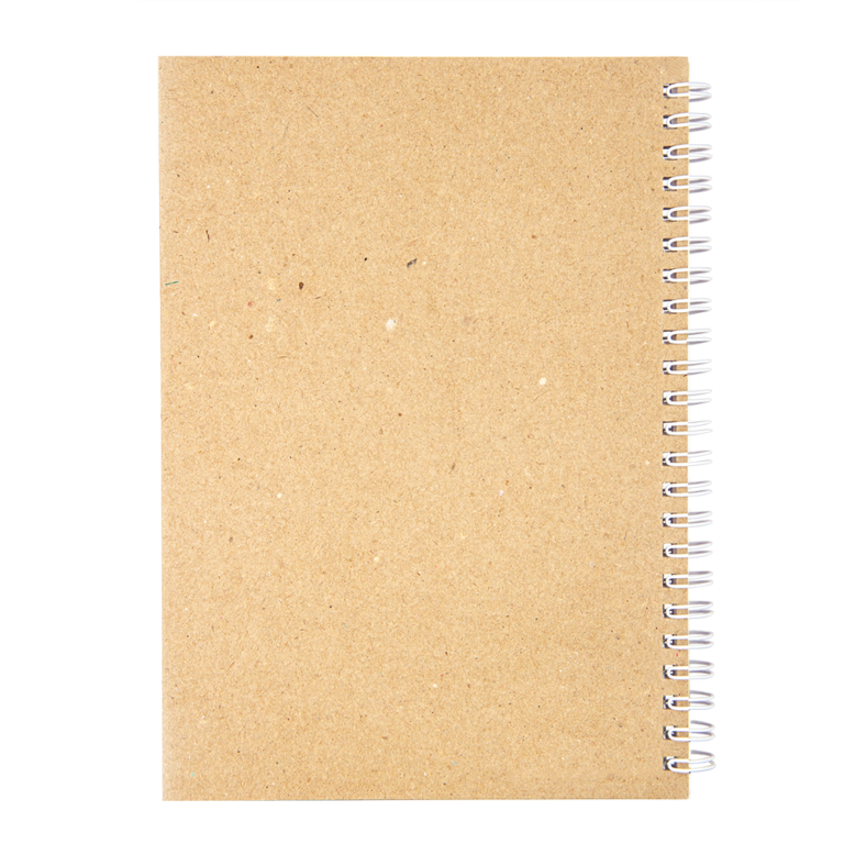 Brown kraft paper notebook with a silver spiral binding on a white background