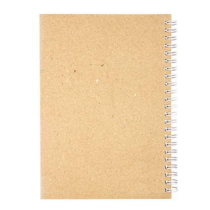 Brown kraft paper notebook with a silver spiral binding on a white background