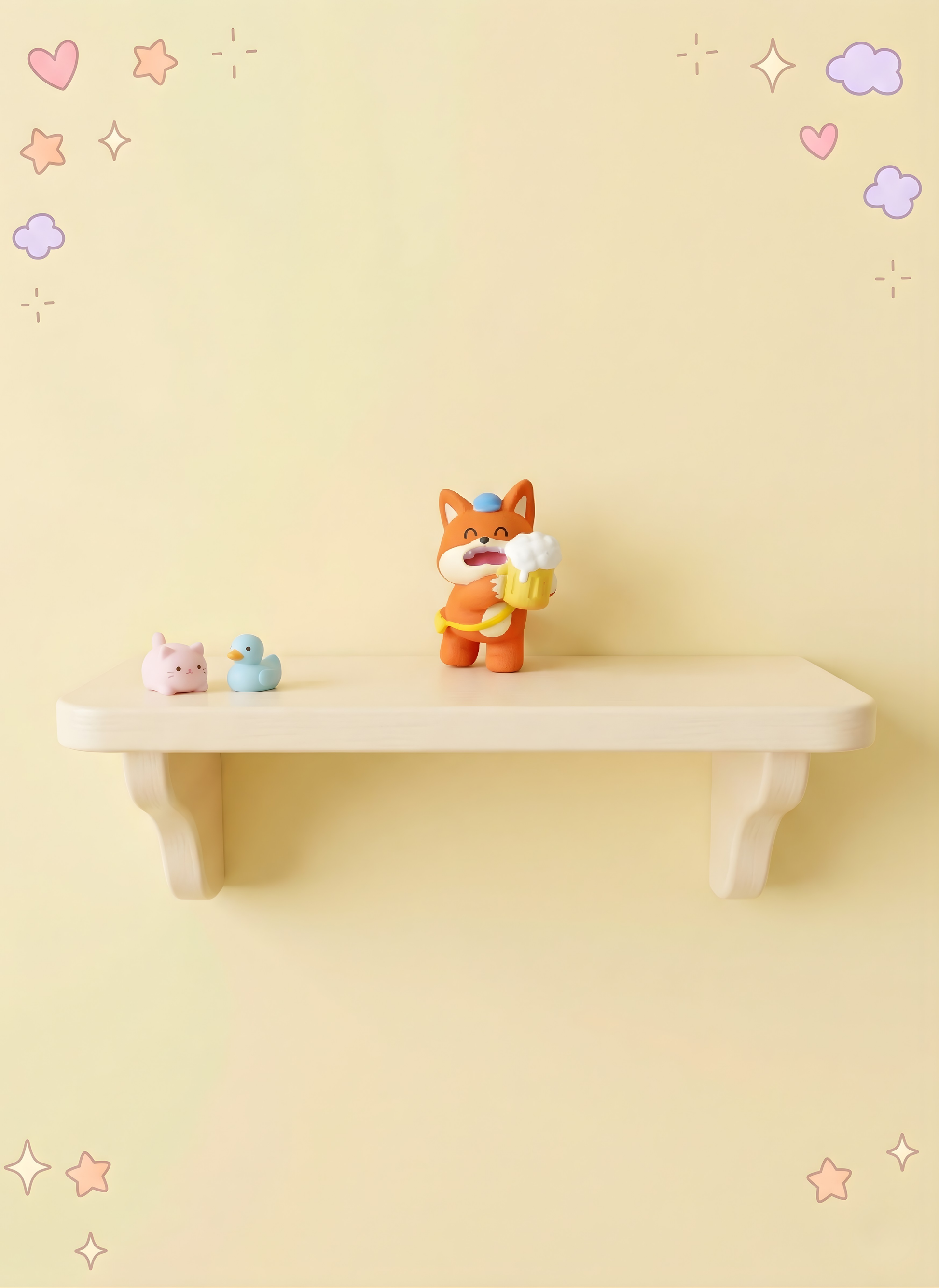 Small wooden shelf with colorful animal figurines against a light yellow background with decorative elements.