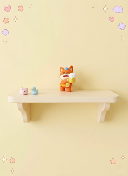 Small wooden shelf with colorful animal figurines against a light yellow background with decorative elements.