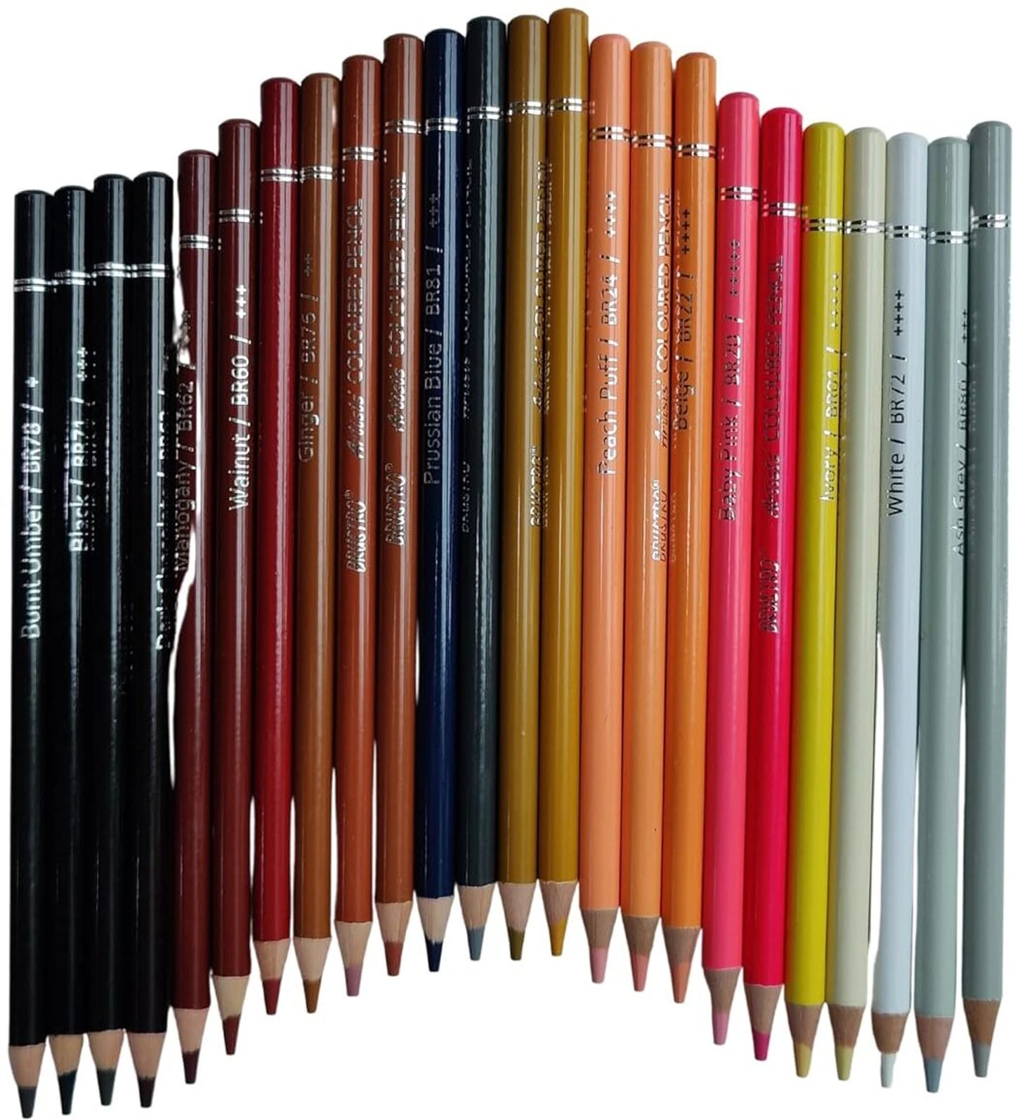 Set of colored pencils in various colors on a white background
