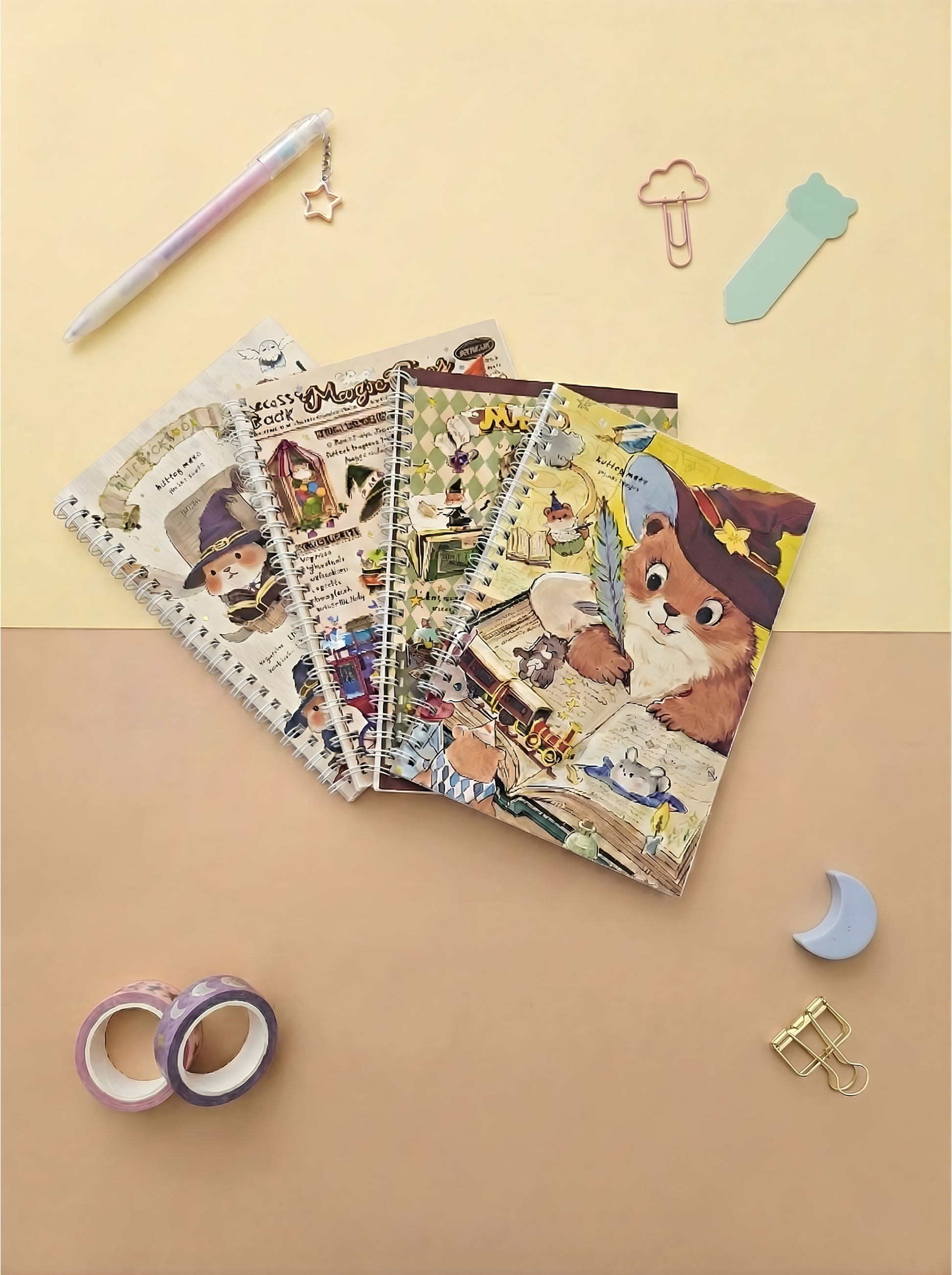 Set of illustrated notebooks with a bear character on a beige background