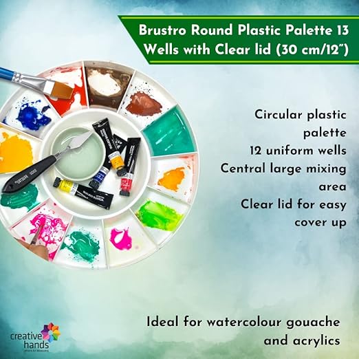 Brustro Round Plastic Palette with paint samples and description on a light blue background