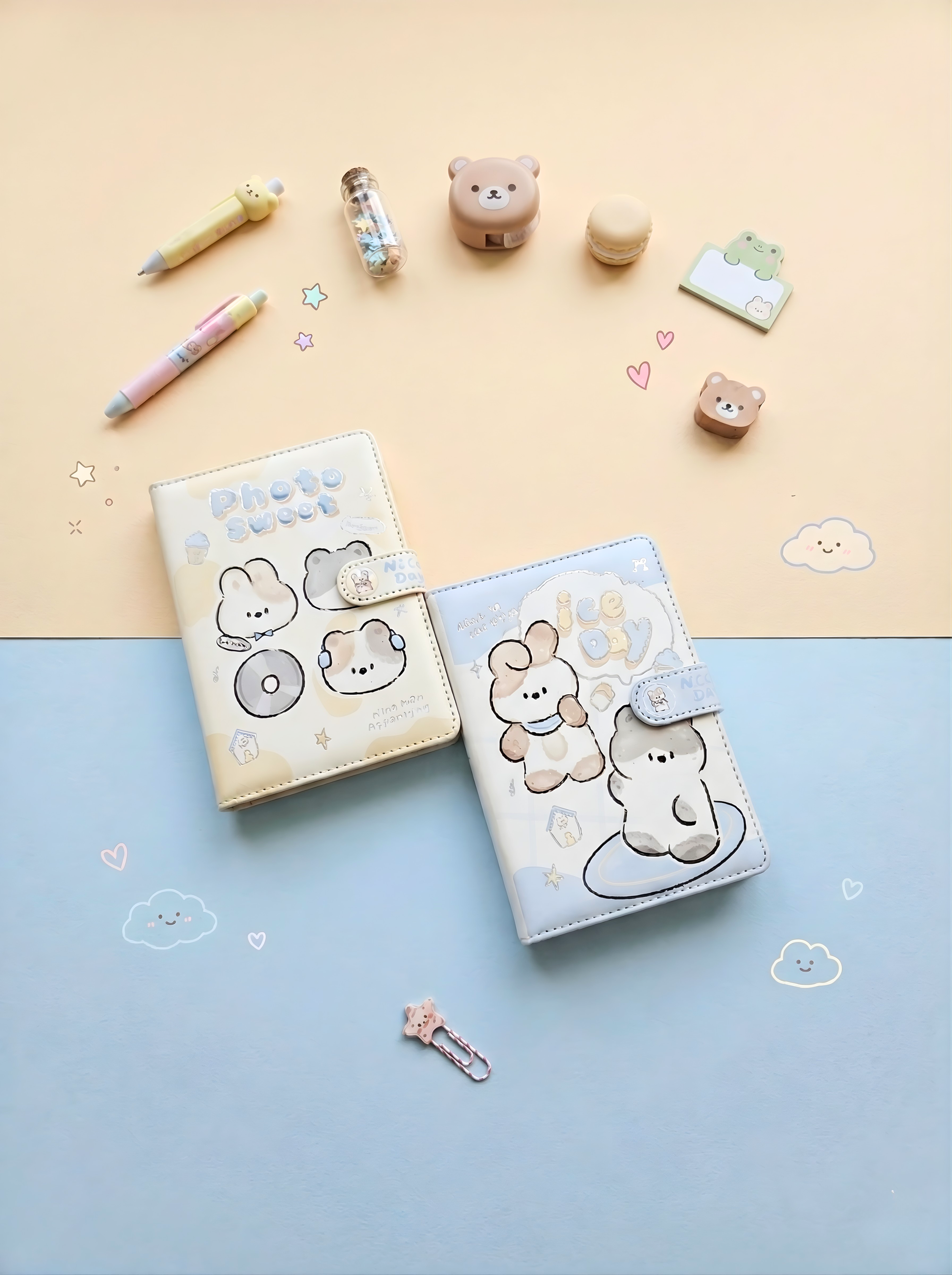 Two small notebooks with cute animal illustrations on a two-tone background with stationery items.