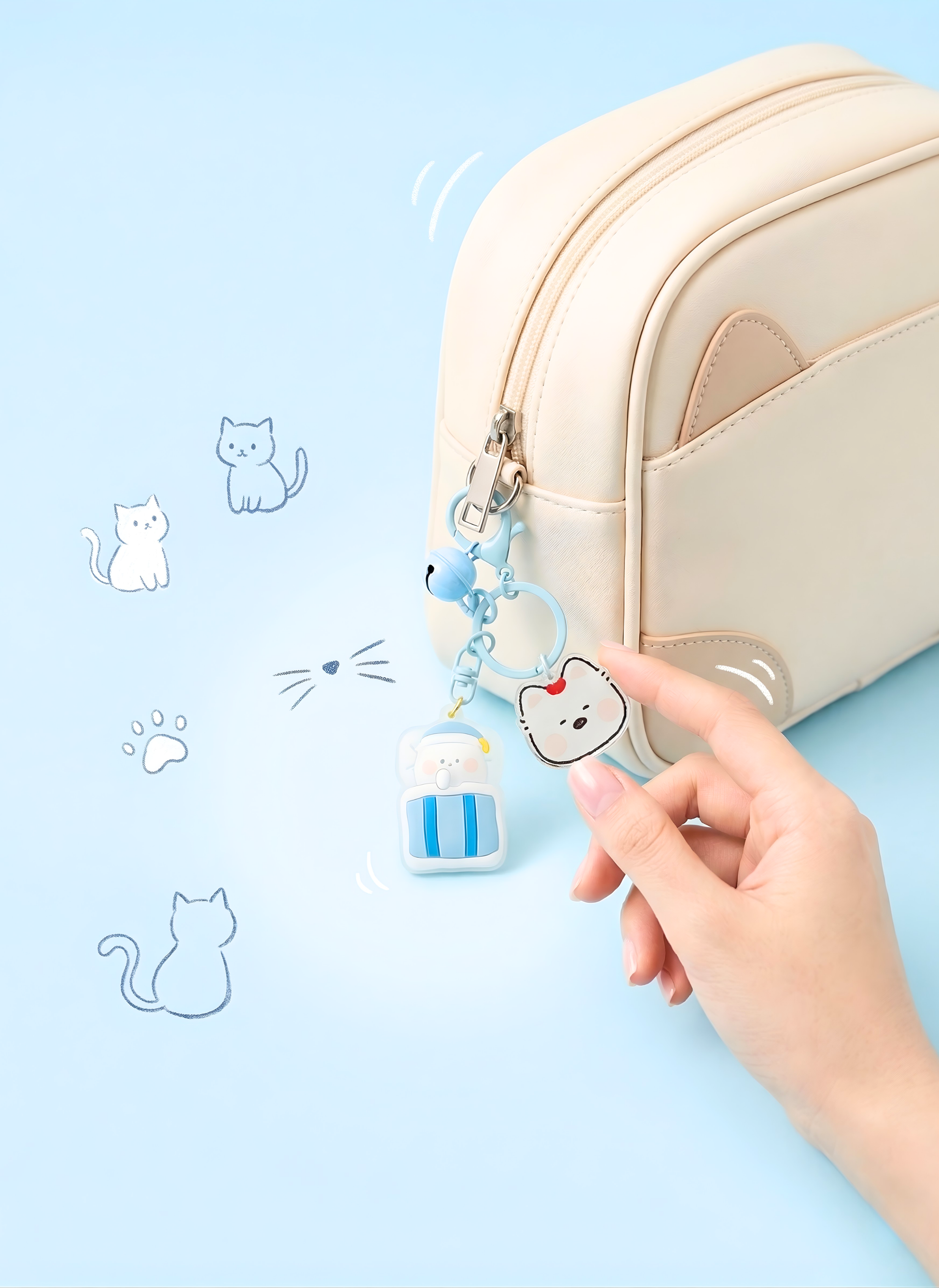 Hand holding a cute keychain with a cat design next to a beige pouch on a light blue background.