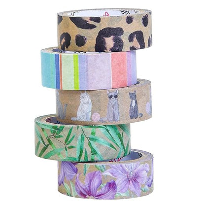 Set of colorful tape rolls with animal and nature designs on a white background