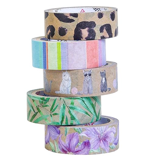 Set of colorful tape rolls with animal and nature designs on a white background
