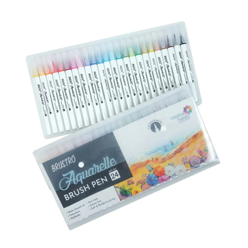 Set of Brustro Aquarelle brush pens in a clear plastic case on a white background