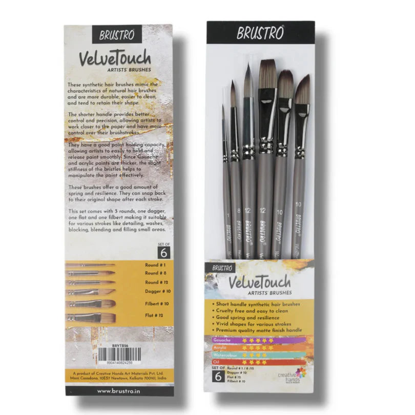 Brustro Velvettouch artist brushes packaging with brush illustrations on a white background