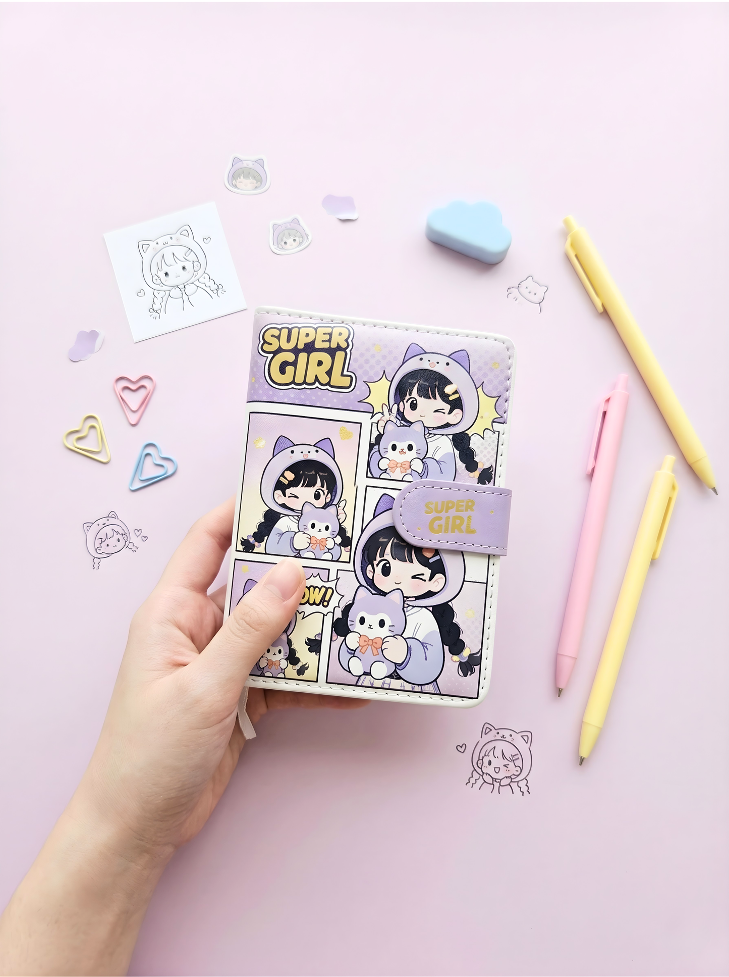 Sticker book with 'Super Girl' design held by a hand on a pink background with stationery items.