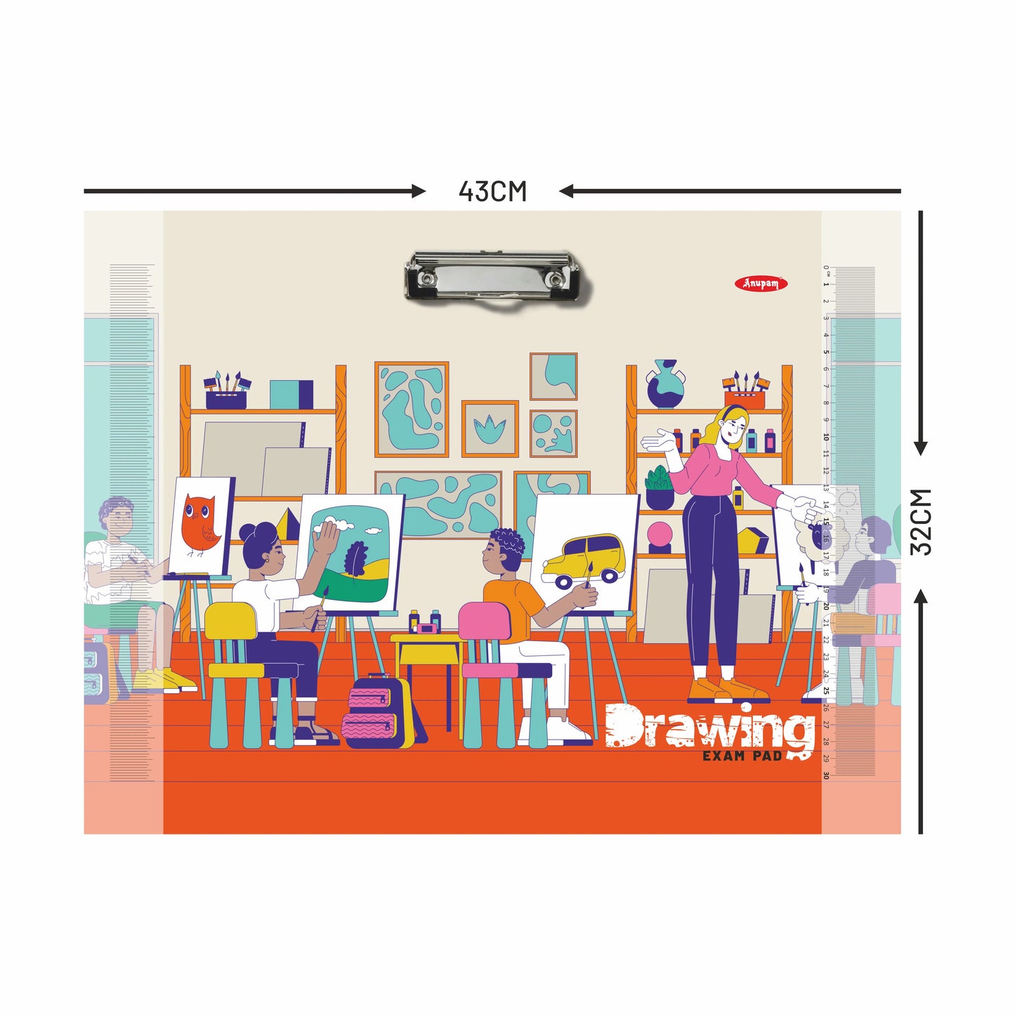 Illustration of a classroom scene with children drawing, featuring a ruler for scale.