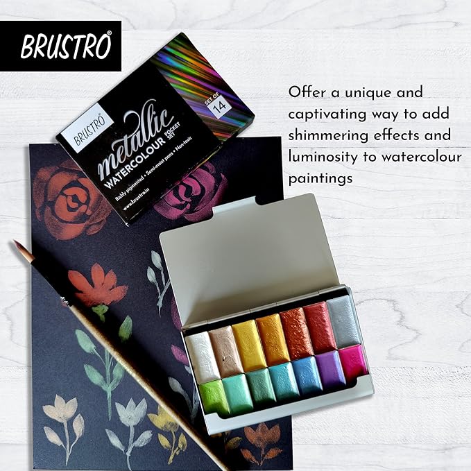 Brustro metallic watercolour paint set with a floral notebook on a white background
