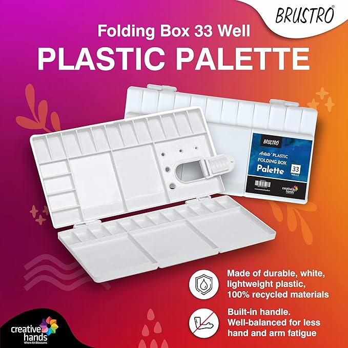 Brustro plastic palette with 33 wells on a colorful background