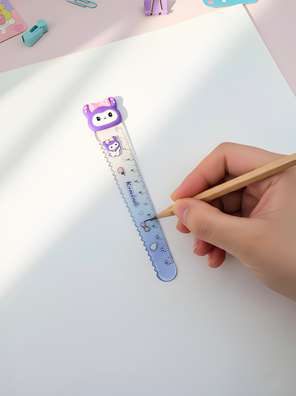 Hand holding a pencil with a ruler on a white sheet of paper