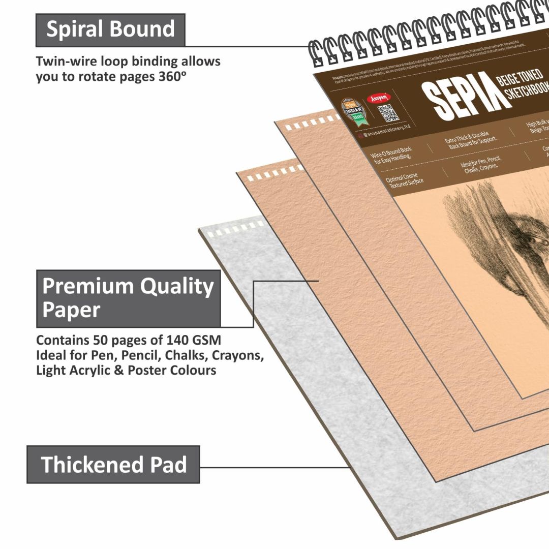 Spiral-bound sketchbook with features highlighted on a white background