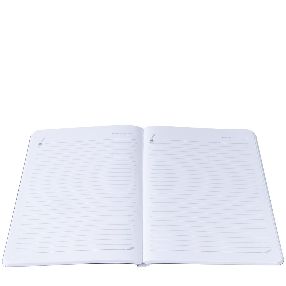 Open notebook with lined pages on a white background