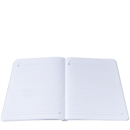 Open notebook with lined pages on a white background