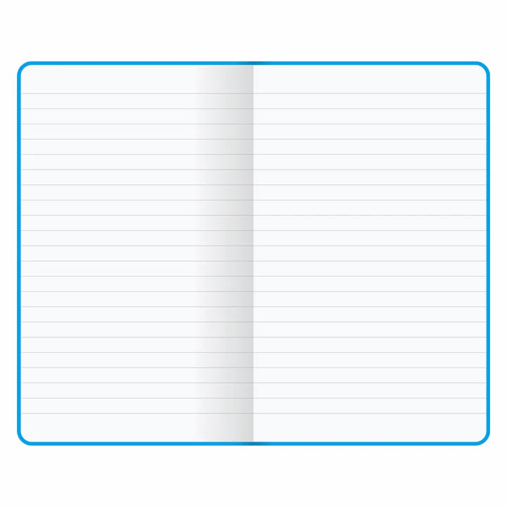 Open notebook with lined pages and blue binding on a white background