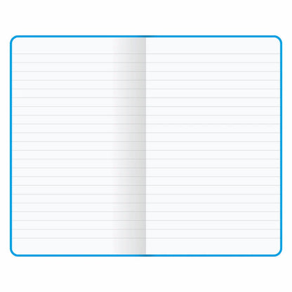 Open notebook with lined pages and blue binding on a white background