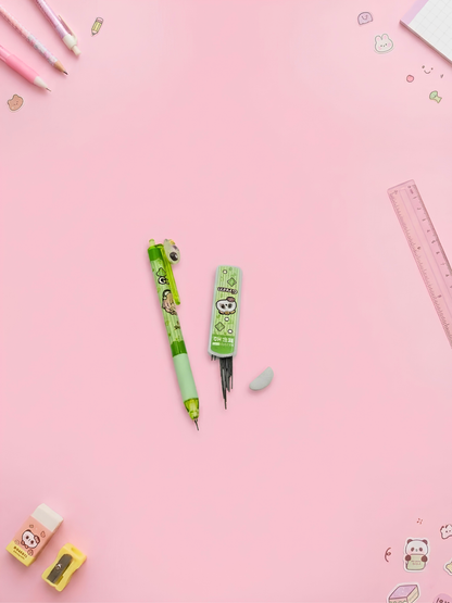 Green pens with cartoon characters on a pink background