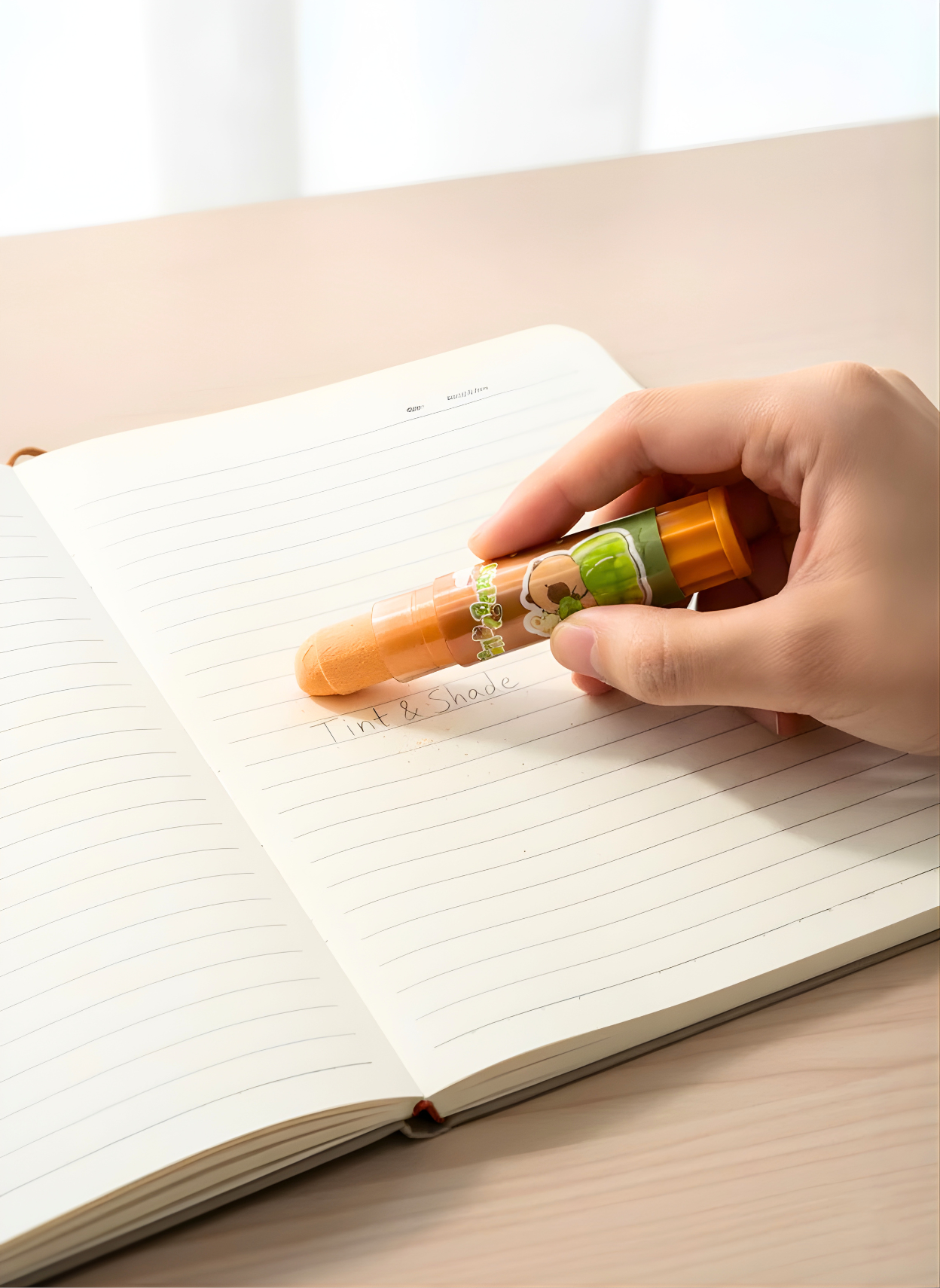 Hand holding a small bottle over an open notebook on a light surface