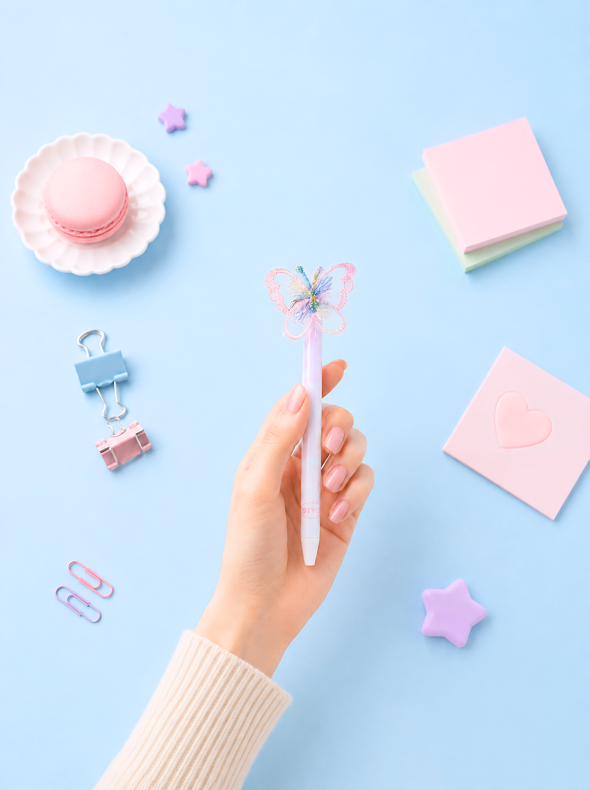 Hand holding a butterfly-themed pen with stationery items on a light blue background